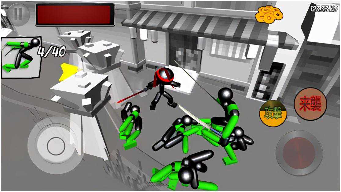 《火柴人忍者格斗》单机手游，切瓜割草类游戏，画面是硬伤