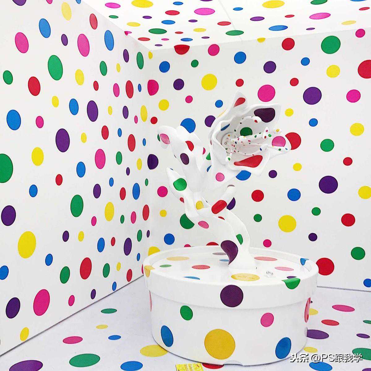 草间弥生式的波尔卡圆点效果，怎样可以填充到人像照片的背景上呢