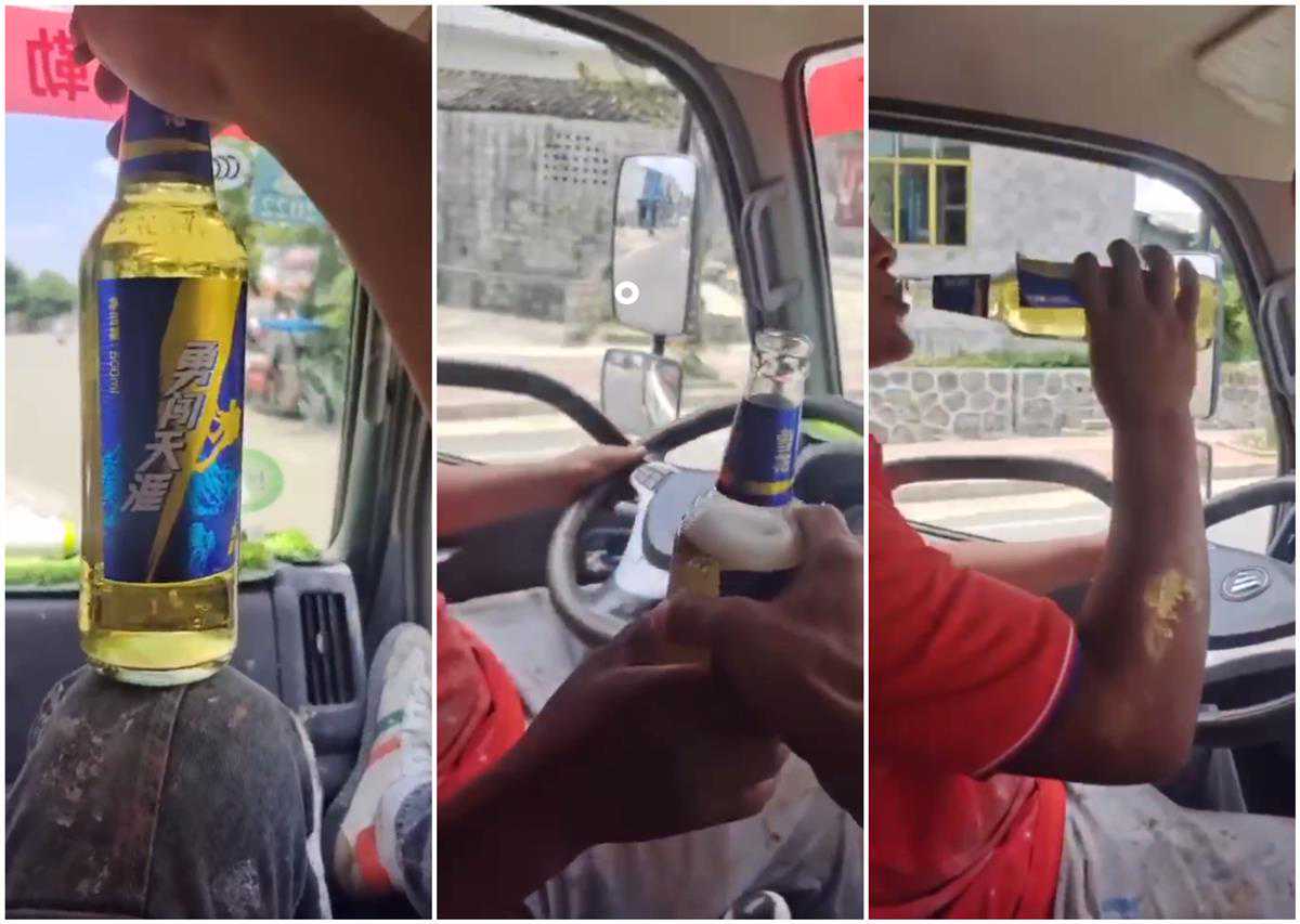 两男子边开车边划拳喝酒？警方：喝的是红牛